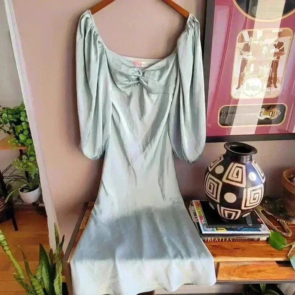 RARE JJ' House Satin Reflective Maxi Dress Puff Long Sleeve Retro Style  Medium